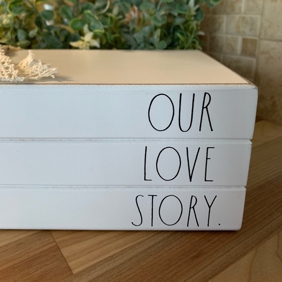 RAE DUNN “OUR LOVE STORY” WHITE WOOD BOOK STACK - Picture 2 of 8